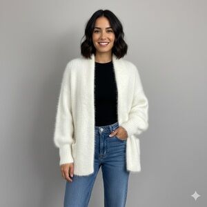 Vintage 80s White Angora Open Cardigan Sweater - Small / Medium 🐇